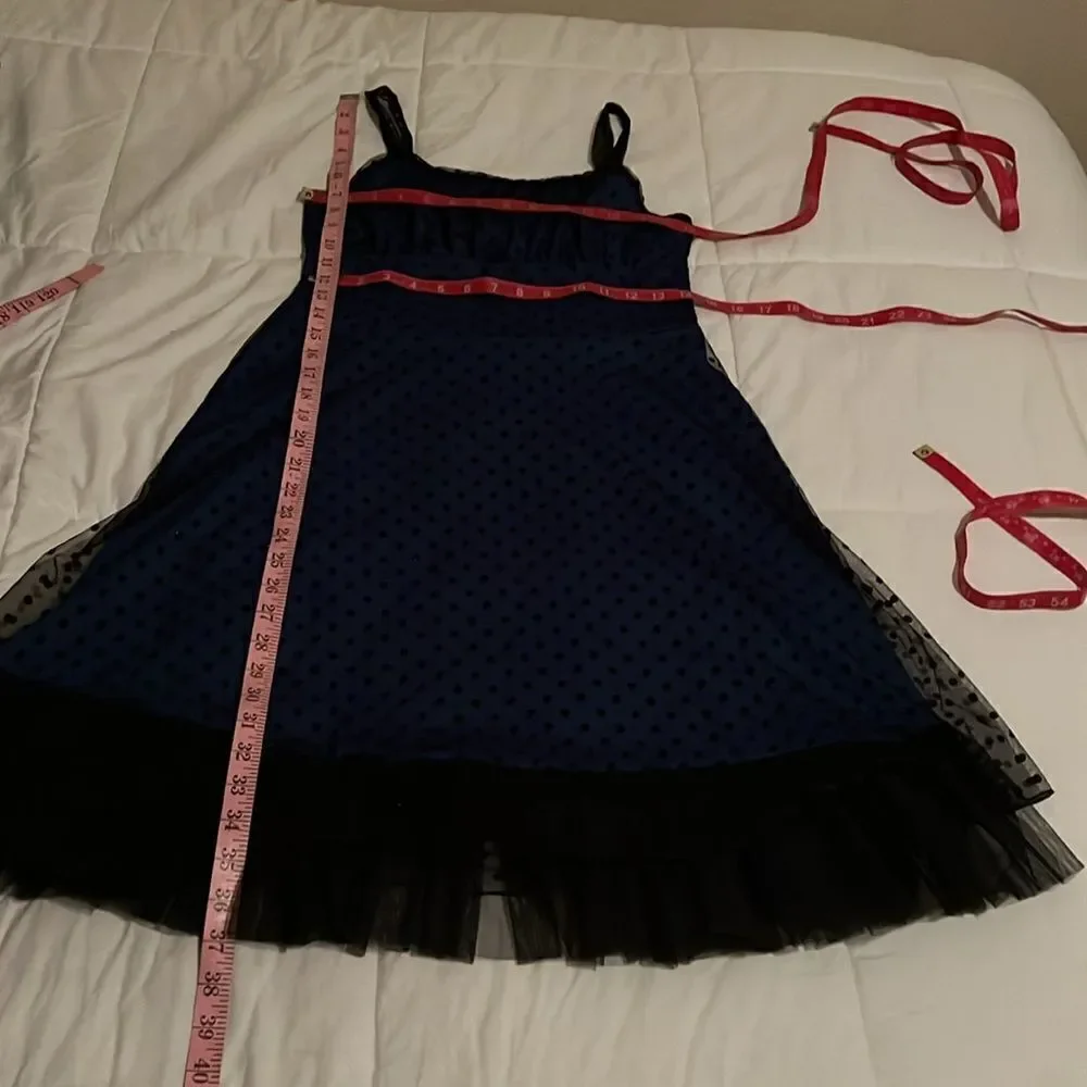 Justice Size 14 Blue with black polka dots girls Party Dress sheer lined Nettin